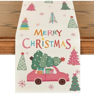 Artoid Mode Xmas Trees Pink Car Snowflake Merry Christmas Table Runner, Seasonal Winter Kitchen Dining Table Decoration for Home Party Decor 13×72 Inch(Beige)