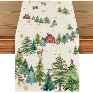 Artoid Mode Xmas Trees Silhouette Christmas Table Runner, Seasonal Winter Kitchen Dining Table Decoration for Home Party Decor 13×72 Inch(Green)