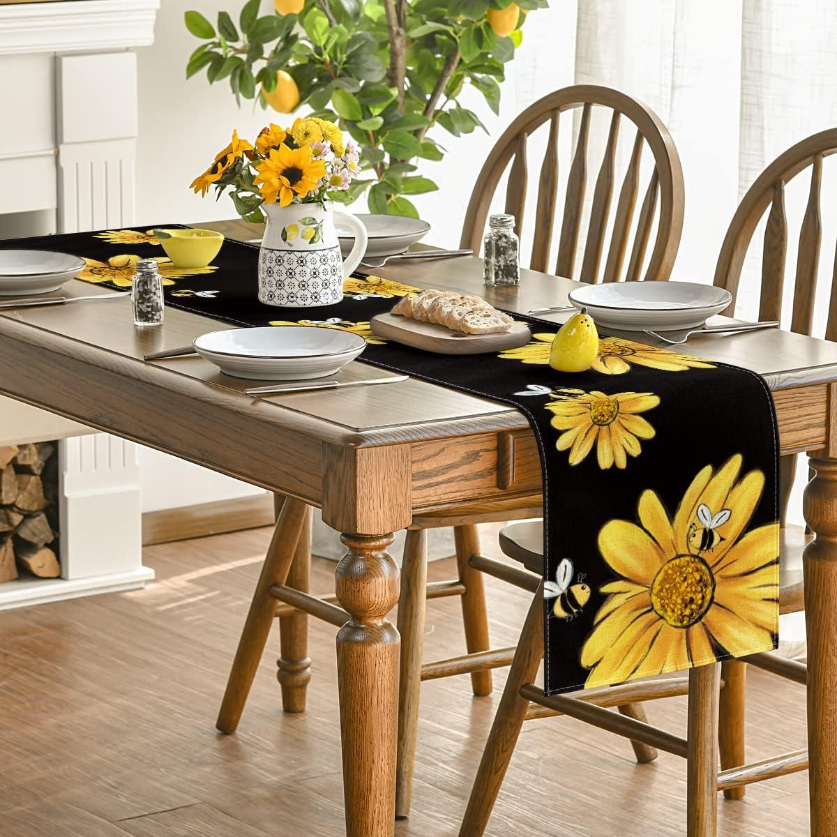image:imageArtoid Mode Bee Sunflower Table Runner Black Seasonal Spring Summer Flowers Holiday Kitchen Dining Table Decoration for Home Party Decor 13 x 72 InchBlack