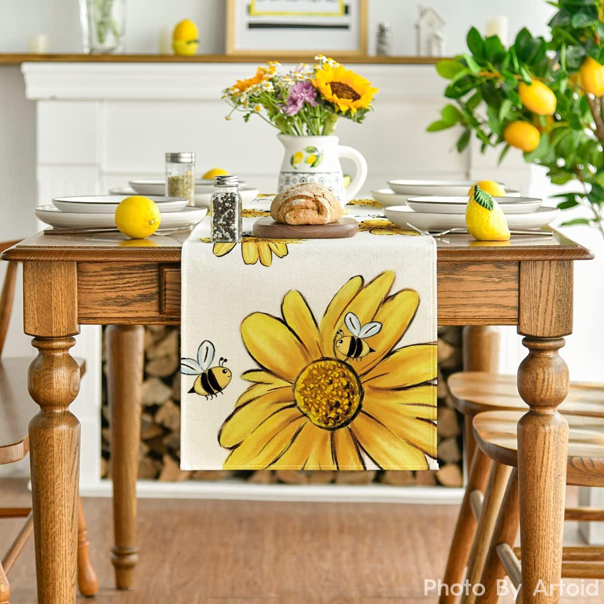 image:imageArtoid Mode Bee Sunflower Table Runner Black Seasonal Spring Summer Flowers Holiday Kitchen Dining Table Decoration for Home Party Decor 13 x 72 InchBeige
