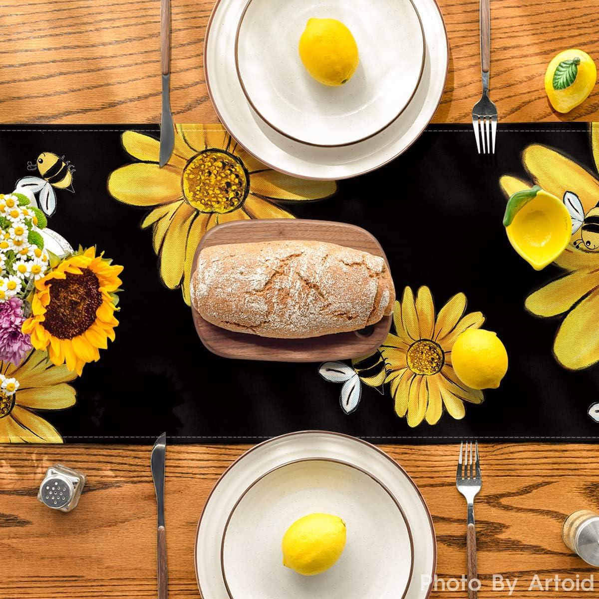 image:imageArtoid Mode Bee Sunflower Table Runner Black Seasonal Spring Summer Flowers Holiday Kitchen Dining Table Decoration for Home Party Decor 13 x 72 InchBlack
