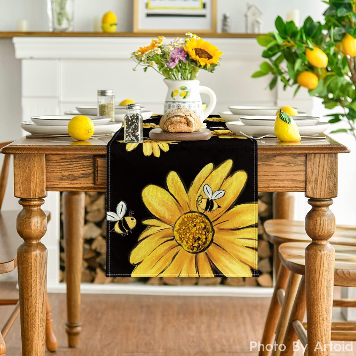 image:imageArtoid Mode Bee Sunflower Table Runner Black Seasonal Spring Summer Flowers Holiday Kitchen Dining Table Decoration for Home Party Decor 13 x 72 InchBlack