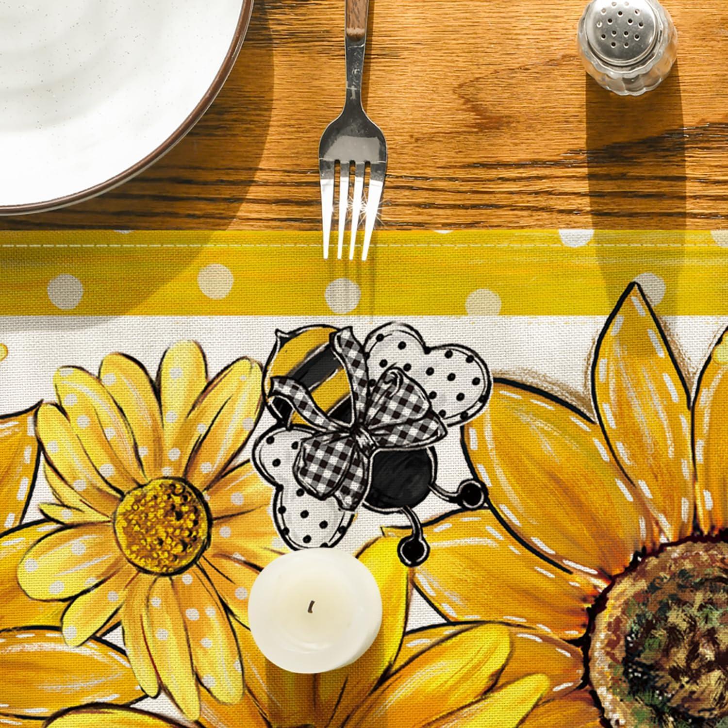 image:imageArtoid Mode Black Sunflower Bee Flower Polka Dot Summer Table Runner Seasonal Kitchen Dining Table Decoration for Indoor Party Home 13x72 InchBeigeyellow