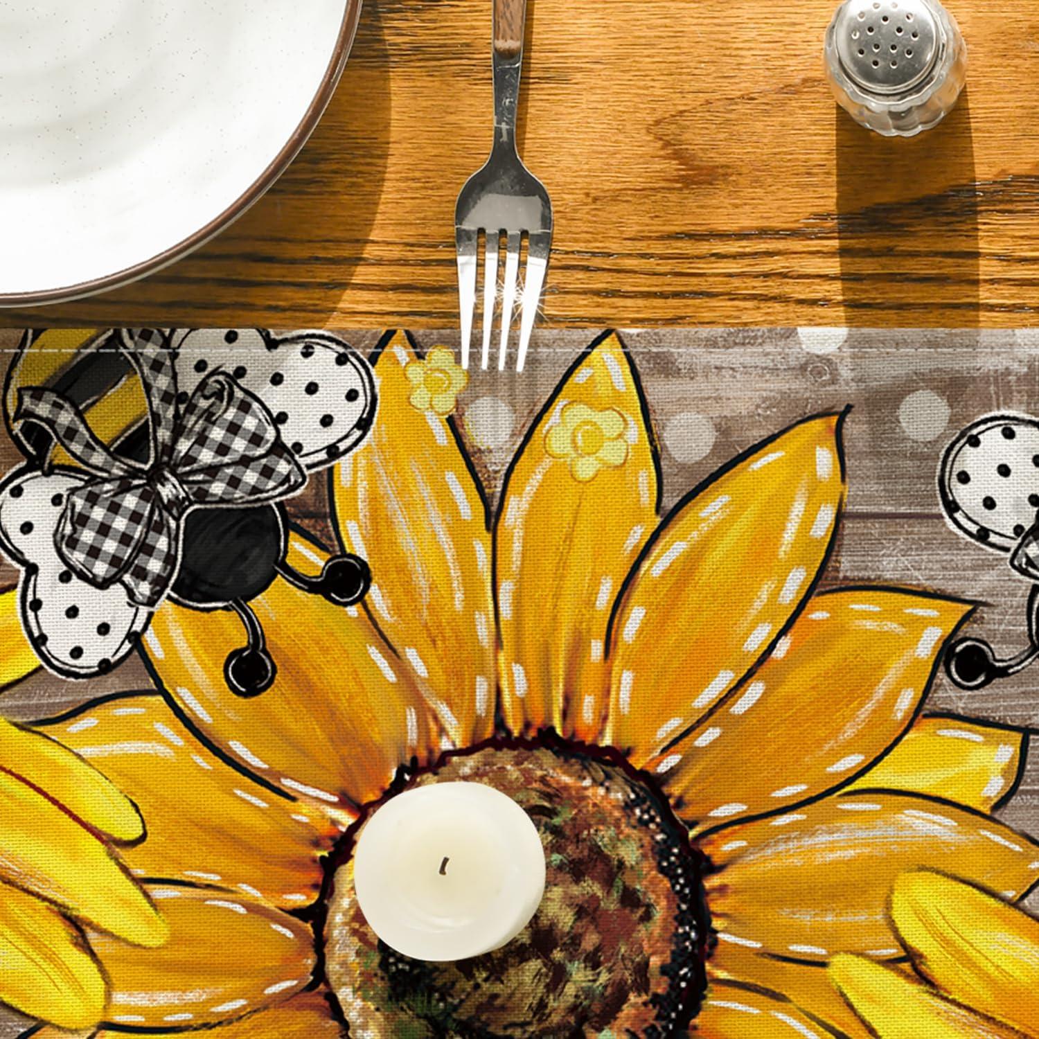 image:imageArtoid Mode Black Sunflower Bee Flower Polka Dot Summer Table Runner Seasonal Kitchen Dining Table Decoration for Indoor Party Home 13x72 InchWood