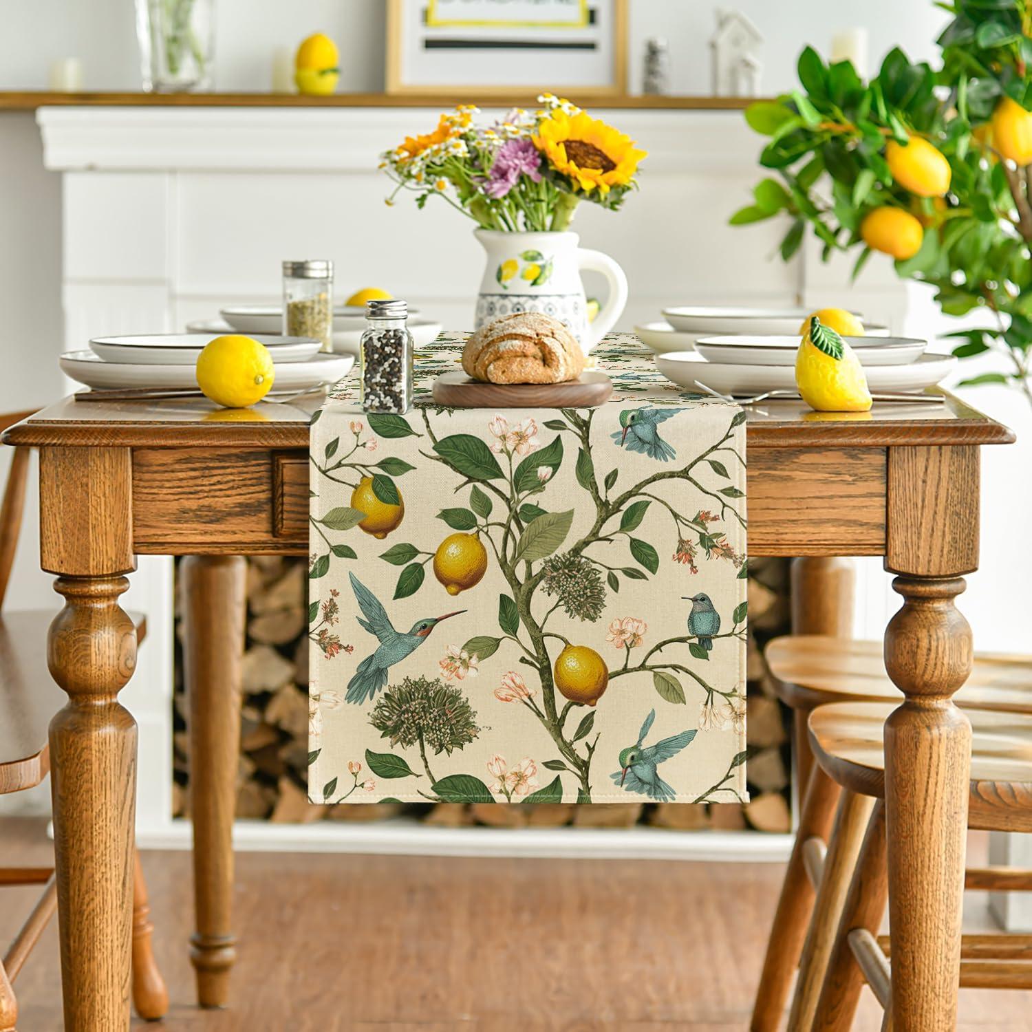 image:imageArtoid Mode Brown Lemon Tree Bird Flower Summer Table RunnerSpring Kitchen Dining Table Decoration for Home Party Decor 13x72 InchBrown