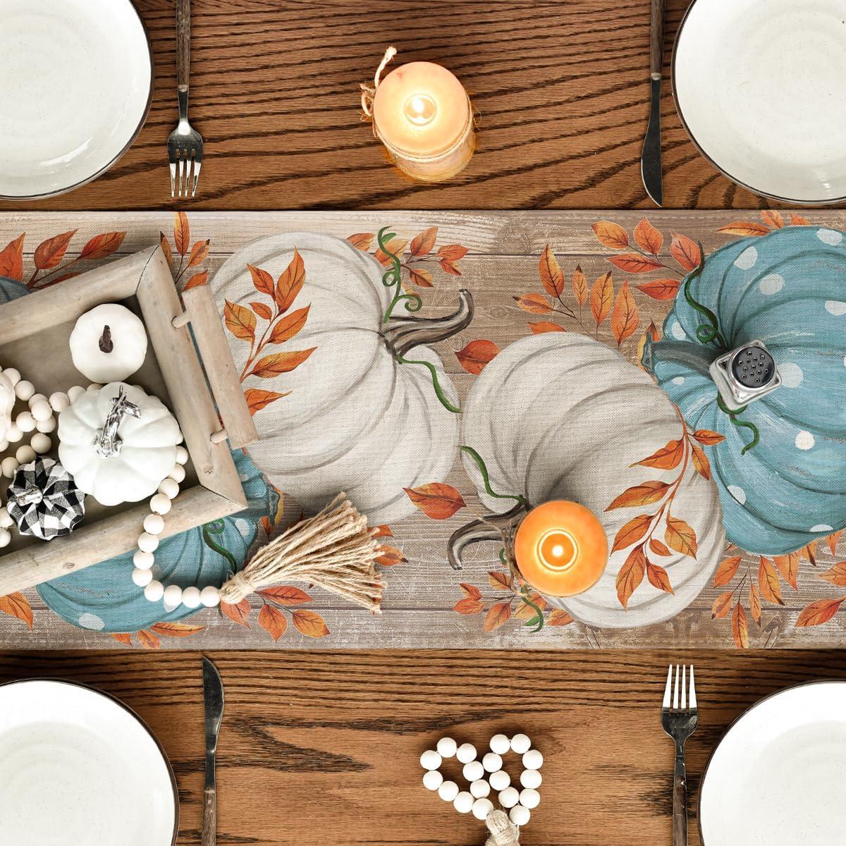 image:imageArtoid Mode Orange Polka Dot Pumpkin Eucalyptus Wood Fall Table Runner Seasonal Autumn Kitchen Dining Table Decoration for Home Party Decor 13x72 InchBlue