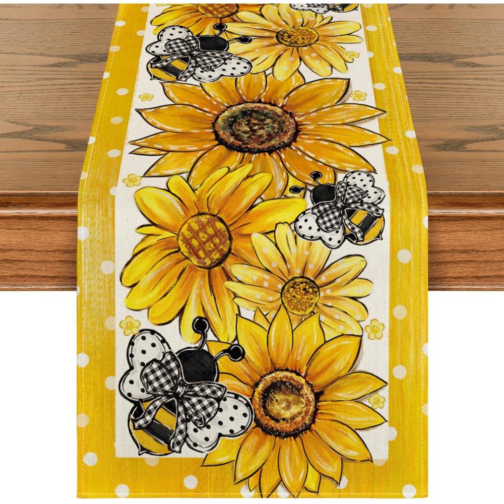 image:imageArtoid Mode Black Sunflower Bee Flower Polka Dot Summer Table Runner Seasonal Kitchen Dining Table Decoration for Indoor Party Home 13x72 InchBeigeyellow