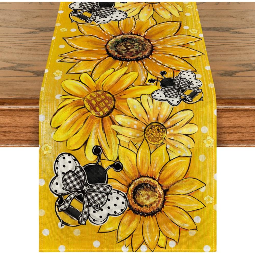 image:imageArtoid Mode Black Sunflower Bee Flower Polka Dot Summer Table Runner Seasonal Kitchen Dining Table Decoration for Indoor Party Home 13x72 InchYellow