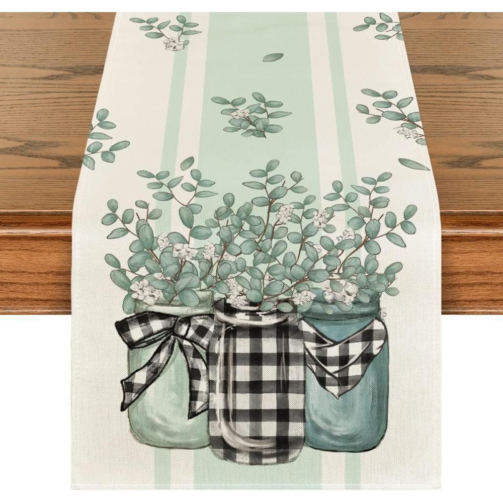 image:imageArtoid Mode Buffalo Plaid Eucalyptus Vases Summer Table Runner Spring Kitchen Dining Table Decoration for Home Party Decor 13x72 InchBeigeGreen