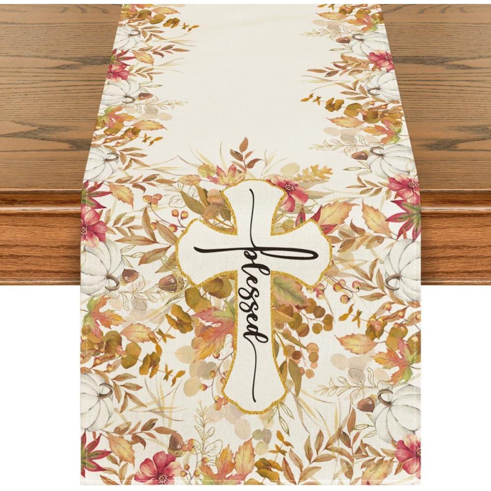 image:imageArtoid Mode Cross Blessed Eucalyptus Pumpkins Fall Table Runner Seasonal Autumn Kitchen Dining Table Decoration for Home Party Decor 13x72 InchOrange