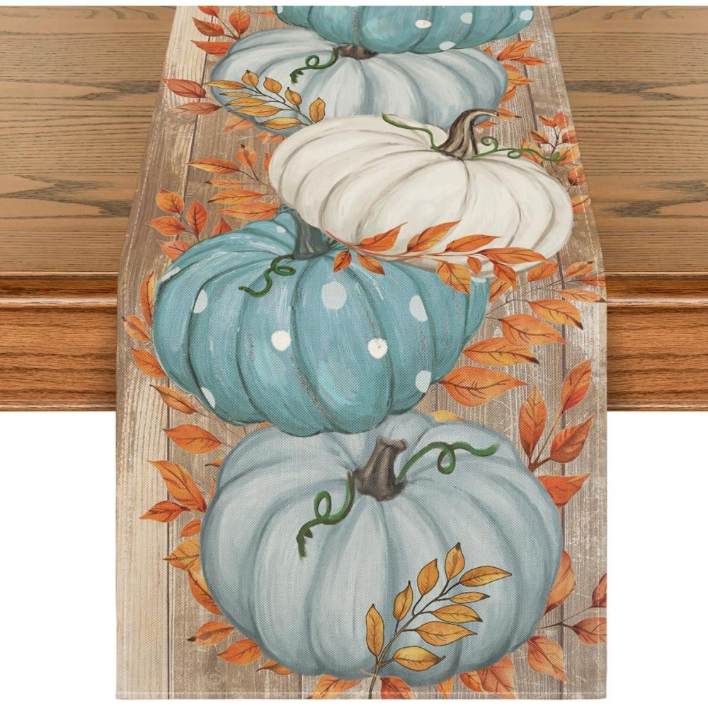 image:imageArtoid Mode Orange Polka Dot Pumpkin Eucalyptus Wood Fall Table Runner Seasonal Autumn Kitchen Dining Table Decoration for Home Party Decor 13x72 InchBlue