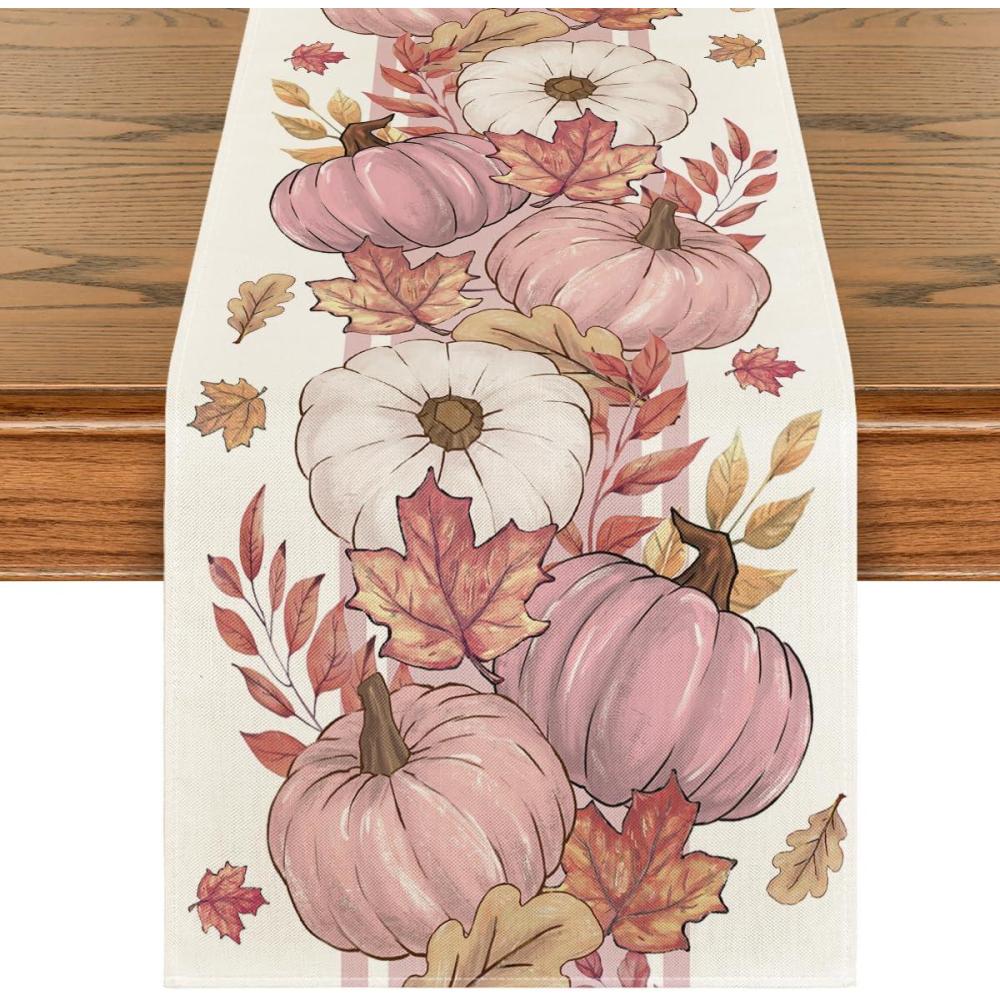 image:imageArtoid Mode Orange Pumpkin Maple Leaf Stripes Fall Table Runner Seasonal Autumn Kitchen Dining Table Decoration for Home Party Decor 13x72 InchPink