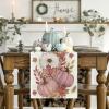 Artoid Mode Orange Pumpkin Maple Leaf Stripes Fall Table Runner, Seasonal Autumn Kitchen Dining Table Decoration for Home Party Decor 13×72 Inch(Pink)