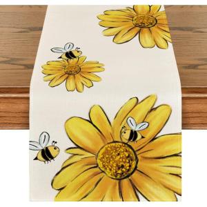 Artoid Mode Bee Sunflower Table Runner Black, Seasonal Spring Summer Flowers Holiday Kitchen Dining Table Decoration for Home Party Decor 13 x 72 Inch(Beige)