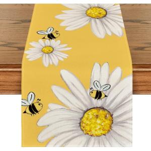 Artoid Mode Bee Sunflower Table Runner Black, Seasonal Spring Summer Flowers Holiday Kitchen Dining Table Decoration for Home Party Decor 13 x 72 Inch(Yellow)