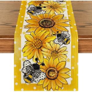 Artoid Mode Black Sunflower Bee Flower Polka Dot Summer Table Runner, Seasonal Kitchen Dining Table Decoration for Indoor Party Home 13×72 Inch(Beige-yellow)