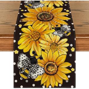 Artoid Mode Black Sunflower Bee Flower Polka Dot Summer Table Runner, Seasonal Kitchen Dining Table Decoration for Indoor Party Home 13×72 Inch(Black)