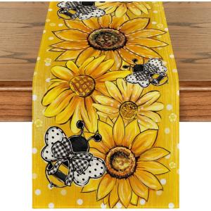 Artoid Mode Black Sunflower Bee Flower Polka Dot Summer Table Runner, Seasonal Kitchen Dining Table Decoration for Indoor Party Home 13×72 Inch(Yellow)