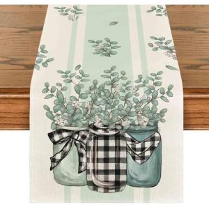 Artoid Mode Buffalo Plaid Eucalyptus Vases Summer Table Runner, Spring Kitchen Dining Table Decoration for Home Party Decor 13×72 Inch(Eucalyptus/Stripes)