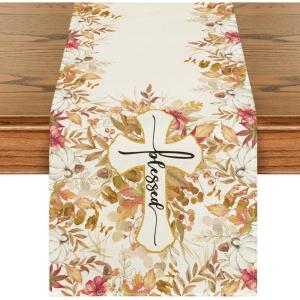 Artoid Mode Cross Blessed Eucalyptus Pumpkins Fall Table Runner, Seasonal Autumn Kitchen Dining Table Decoration for Home Party Decor 13×72 Inch(Orange)