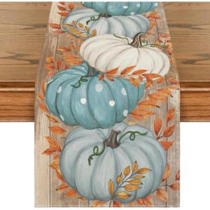 Artoid Mode Orange Polka Dot Pumpkin Eucalyptus Wood Fall Table Runner, Seasonal Autumn Kitchen Dining Table Decoration for Home Party Decor 13×72 Inch(Blue)