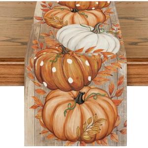 Artoid Mode Orange Polka Dot Pumpkin Eucalyptus Wood Fall Table Runner, Seasonal Autumn Kitchen Dining Table Decoration for Home Party Decor 13×72 Inch(Orange)
