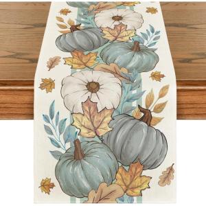 Artoid Mode Orange Pumpkin Maple Leaf Stripes Fall Table Runner, Seasonal Autumn Kitchen Dining Table Decoration for Home Party Decor 13×72 Inch(Blue)