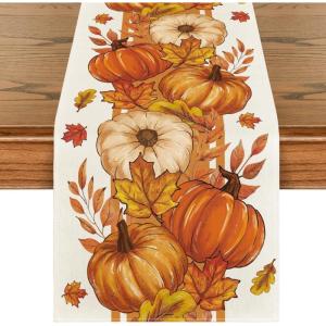 Artoid Mode Orange Pumpkin Maple Leaf Stripes Fall Table Runner, Seasonal Autumn Kitchen Dining Table Decoration for Home Party Decor 13×72 Inch(Orange)