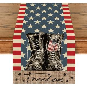 Artoid Mode Stripes Stars Boots Freedom Memorial Day Patriotic 4th of July Table Runner, Independence Day Holiday Kitchen Dining Table Decor for Home Party Decoration 13 x 72 Inch(Black)
