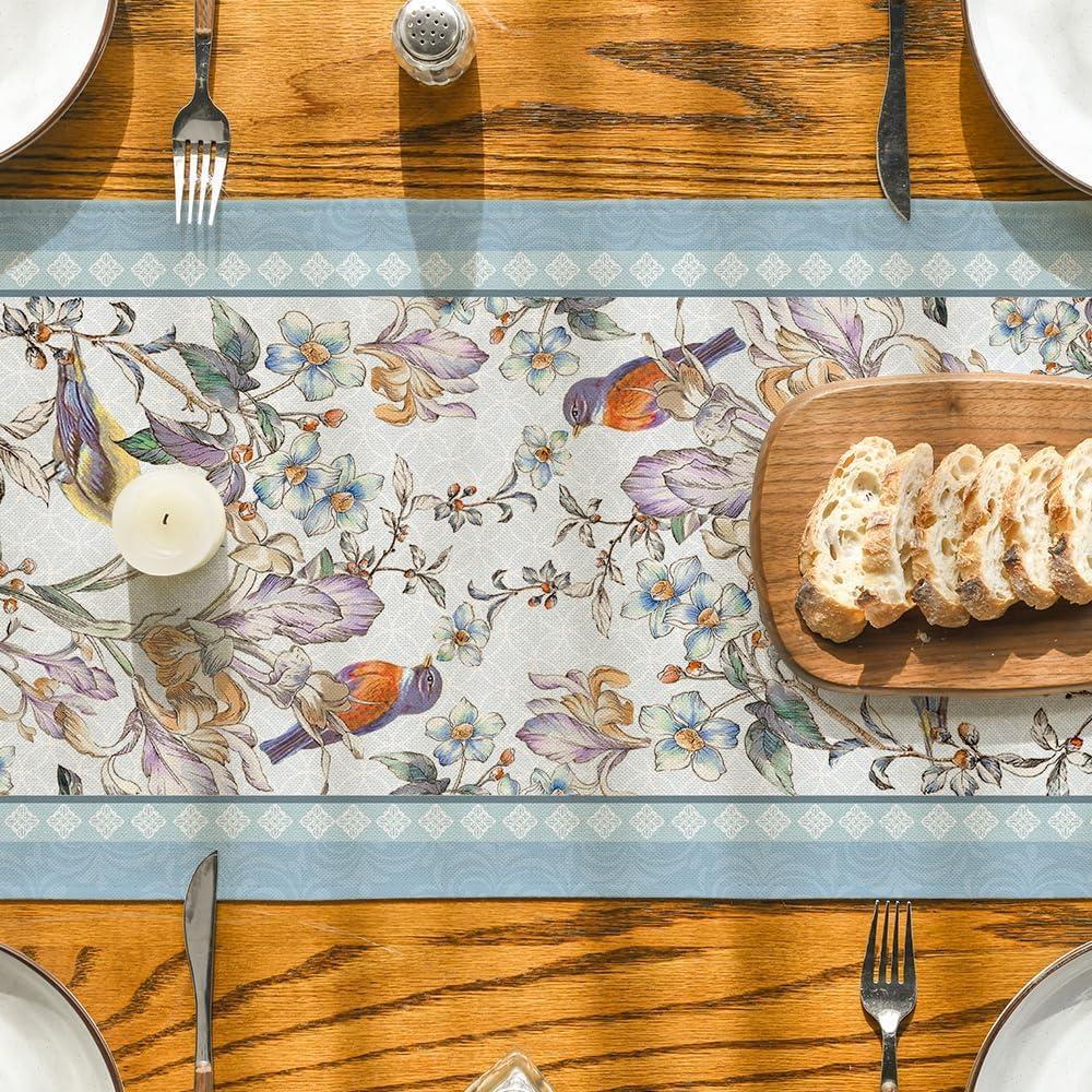 image:imageArtoid Mode Blue Birds Flowers Blossom Table Runner Seasonal Spring Floral Kitchen Dining Table Decoration for Home Party Decor 13x72 InchBlue