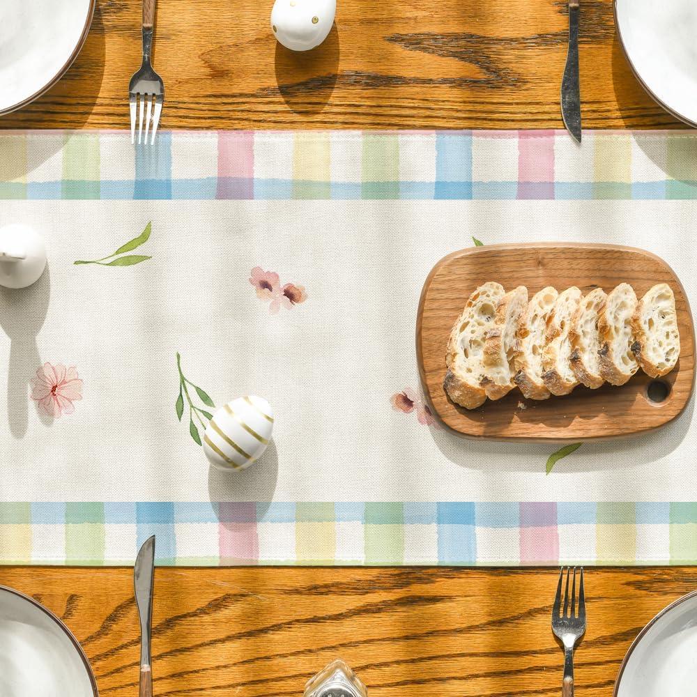 image:imageArtoid Mode Buffalo Plaid Bunny Ear Foot Flower Easter Table Runner Seasonal Spring Kitchen Dining Table Decoration for Home Party Decor 13x72 InchPinkBlue