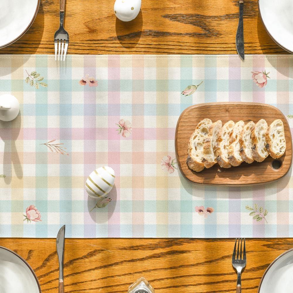 image:imageArtoid Mode Bunny Rabbit Flowers Leaves Green Buffalo Plaid Easter Table Runner Kitchen Dining Table Decoration for Home Party Decor 13x72 InchBlueYellowPink