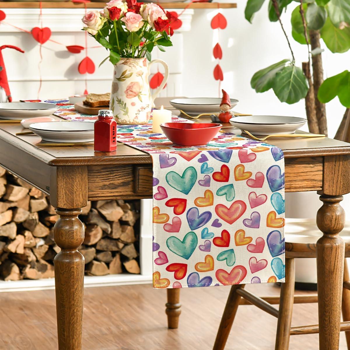 image:imageArtoid Mode Colorful Love Heart Pride Month Table Runner Seasonal Valentine Spring Summer Kitchen Dining Table Decoration for Home Party Decor 13x72 InchBeige