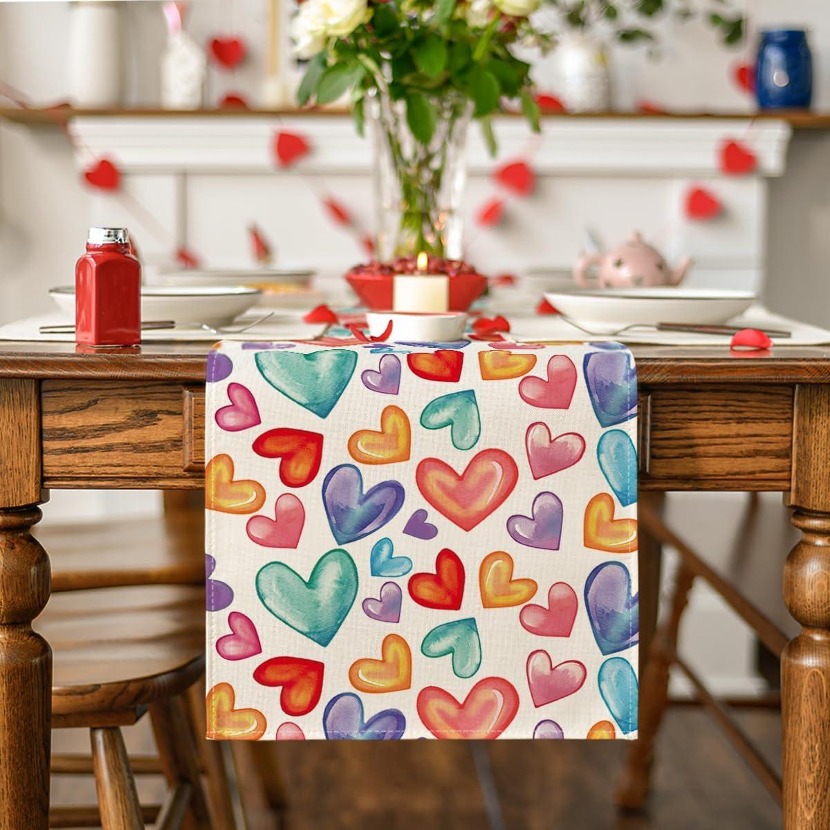 image:imageArtoid Mode Colorful Love Heart Pride Month Table Runner Seasonal Valentine Spring Summer Kitchen Dining Table Decoration for Home Party Decor 13x72 InchBeige