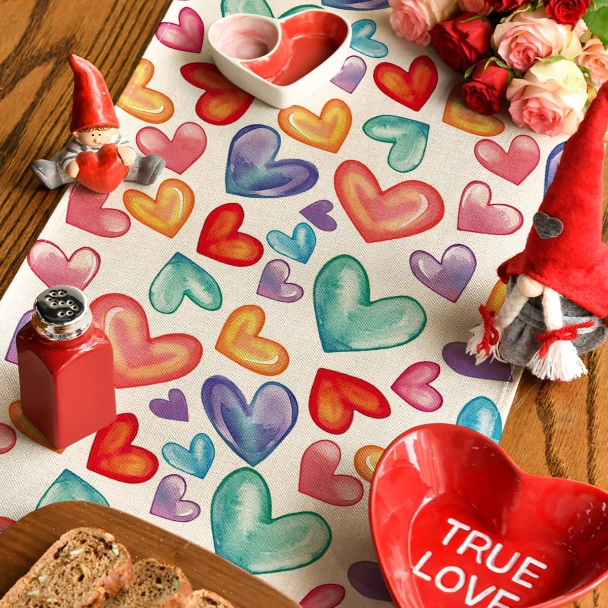 image:imageArtoid Mode Colorful Love Heart Pride Month Table Runner Seasonal Valentine Spring Summer Kitchen Dining Table Decoration for Home Party Decor 13x72 InchBeige