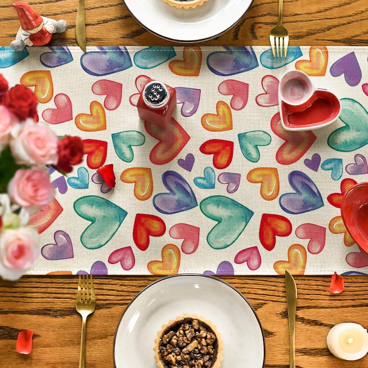 image:imageArtoid Mode Colorful Love Heart Pride Month Table Runner Seasonal Valentine Spring Summer Kitchen Dining Table Decoration for Home Party Decor 13x72 InchBeige