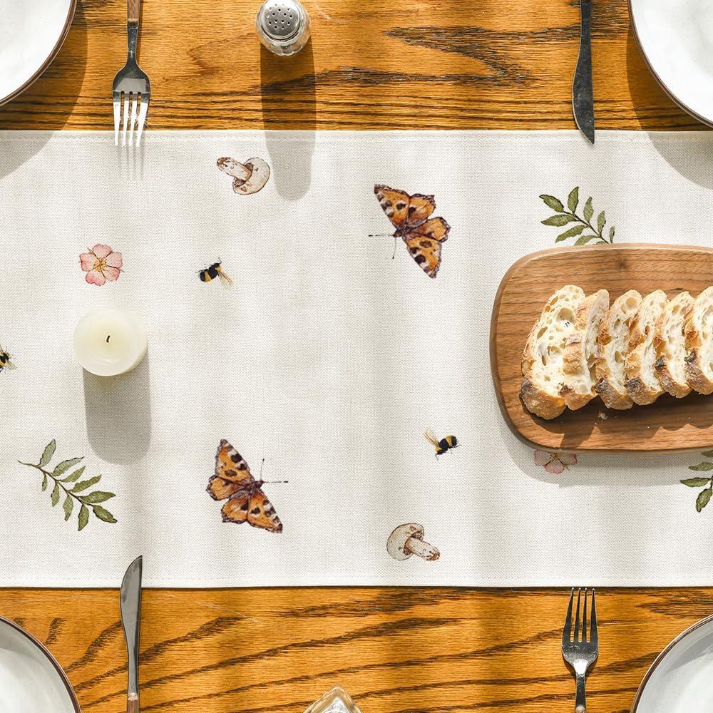 image:imageArtoid Mode Mushroom Wildflowers Spring Table Runner Seasonal Summer Bees Butterfly Kitchen Dining Table Decoration for Home Party Decor 13x72 InchBeige