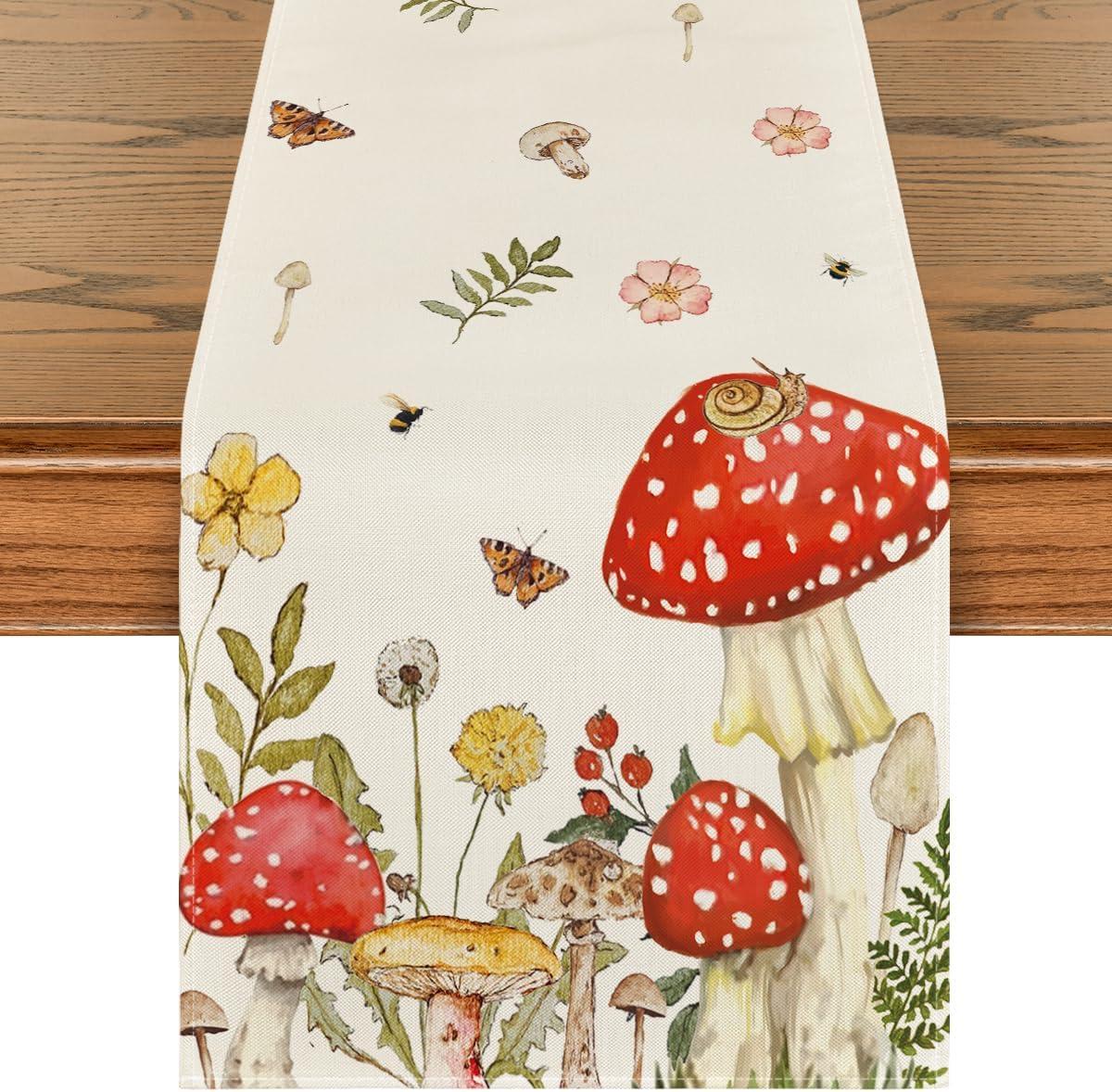 image:imageArtoid Mode Mushroom Wildflowers Spring Table Runner Seasonal Summer Bees Butterfly Kitchen Dining Table Decoration for Home Party Decor 13x72 InchBeige