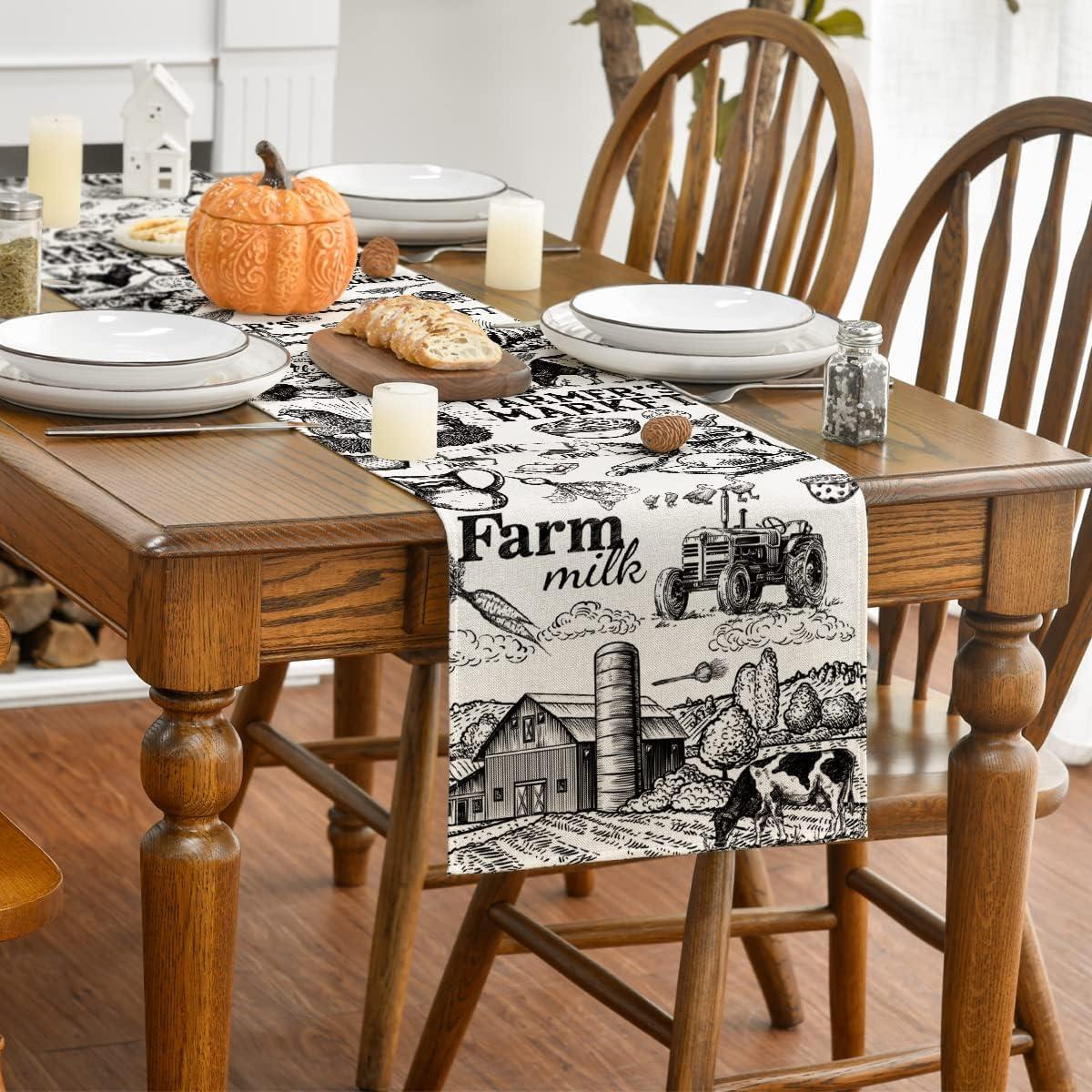 image:imageArtoid Mode Tractor Milk Farm Table Runner Cow House Fall Kitchen Dining Table Decoration for Outdoor Home Party 13x72 InchBeige