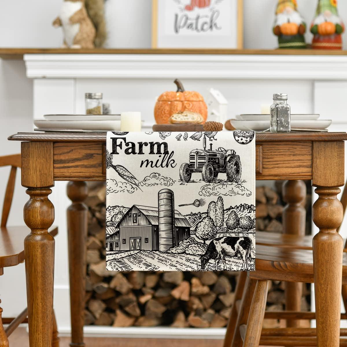 image:imageArtoid Mode Tractor Milk Farm Table Runner Cow House Fall Kitchen Dining Table Decoration for Outdoor Home Party 13x72 InchBeige