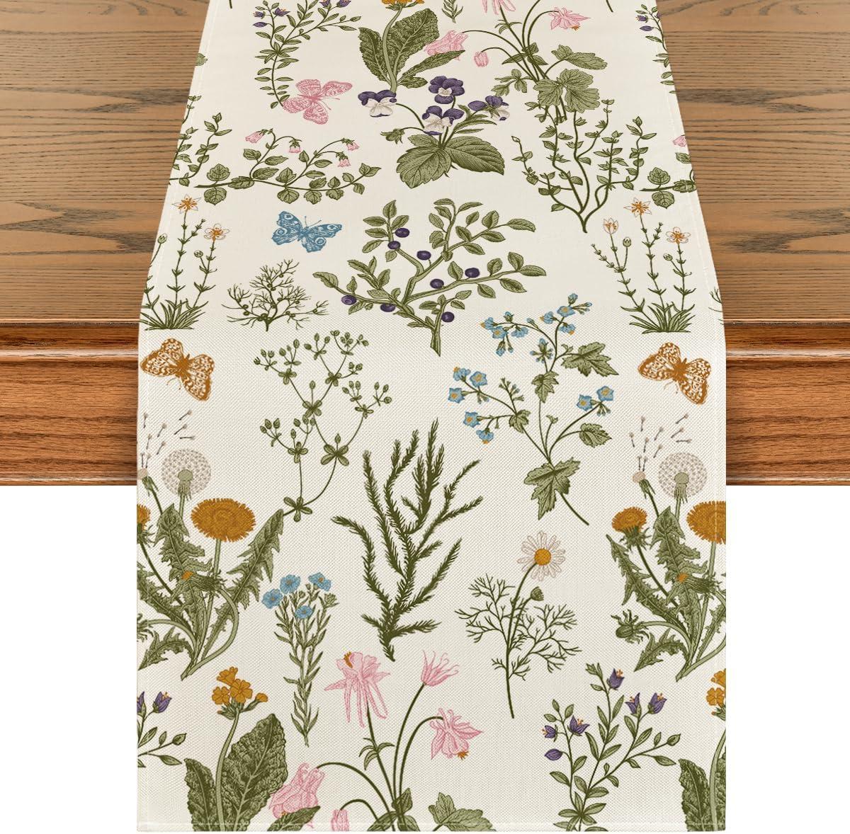 image:imageArtoid Mode Wildflowers Floral Spring Table Runner Seasonal Summer Butterfly Kitchen Dining Table Decoration for Home Party 13x72 InchBeige