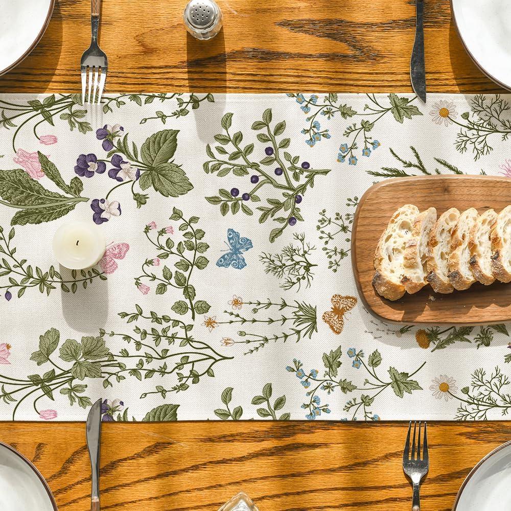 image:imageArtoid Mode Wildflowers Floral Spring Table Runner Seasonal Summer Butterfly Kitchen Dining Table Decoration for Home Party 13x72 InchBeige