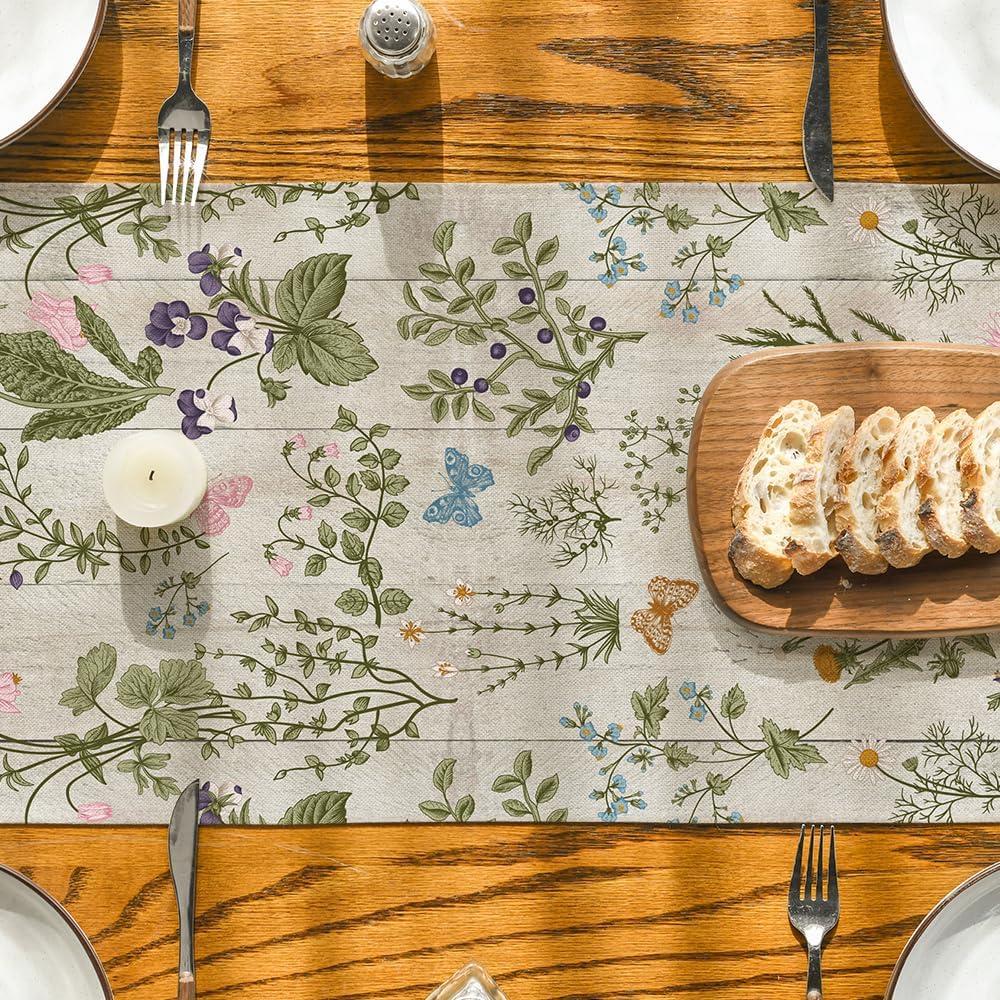image:imageArtoid Mode Wildflowers Floral Spring Table Runner Seasonal Summer Butterfly Kitchen Dining Table Decoration for Home Party 13x72 InchWood