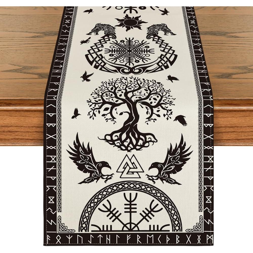 image:imageArtoid Mode Beige Viking Tree of Life Raven Helmet of Awe Table Runner Seasonal Kitchen Dining Table Decoration for Home Party Decor 13x72 InchBeige