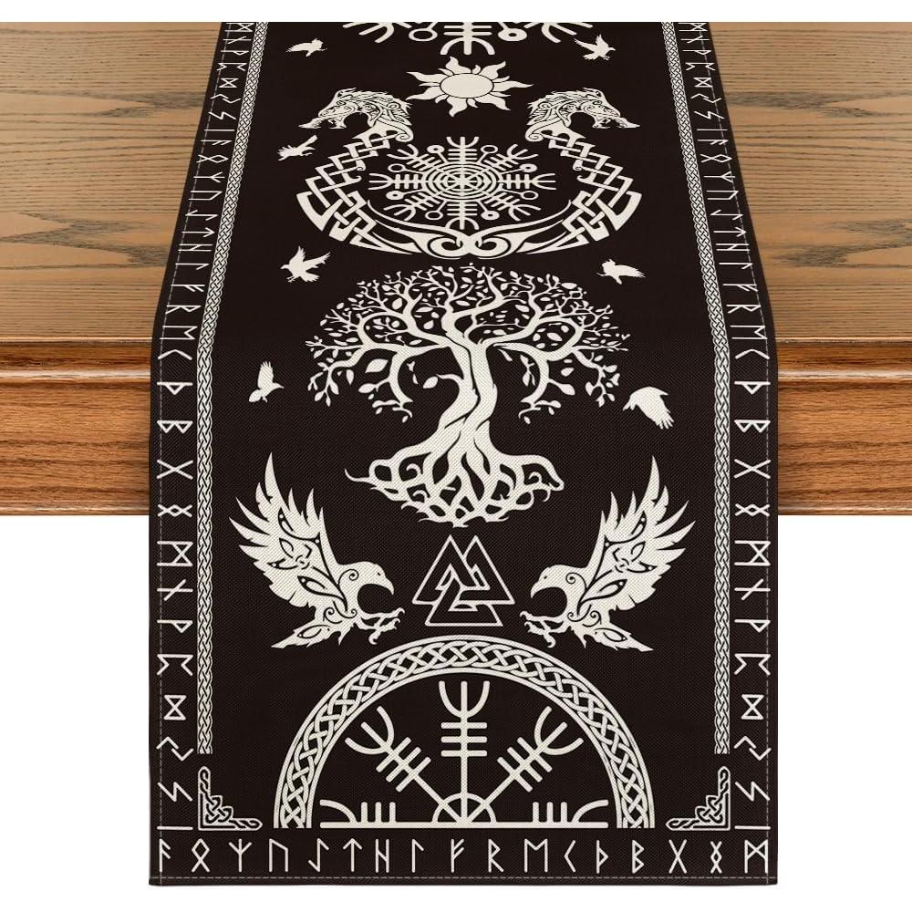 image:imageArtoid Mode Beige Viking Tree of Life Raven Helmet of Awe Table Runner Seasonal Kitchen Dining Table Decoration for Home Party Decor 13x72 InchBlack