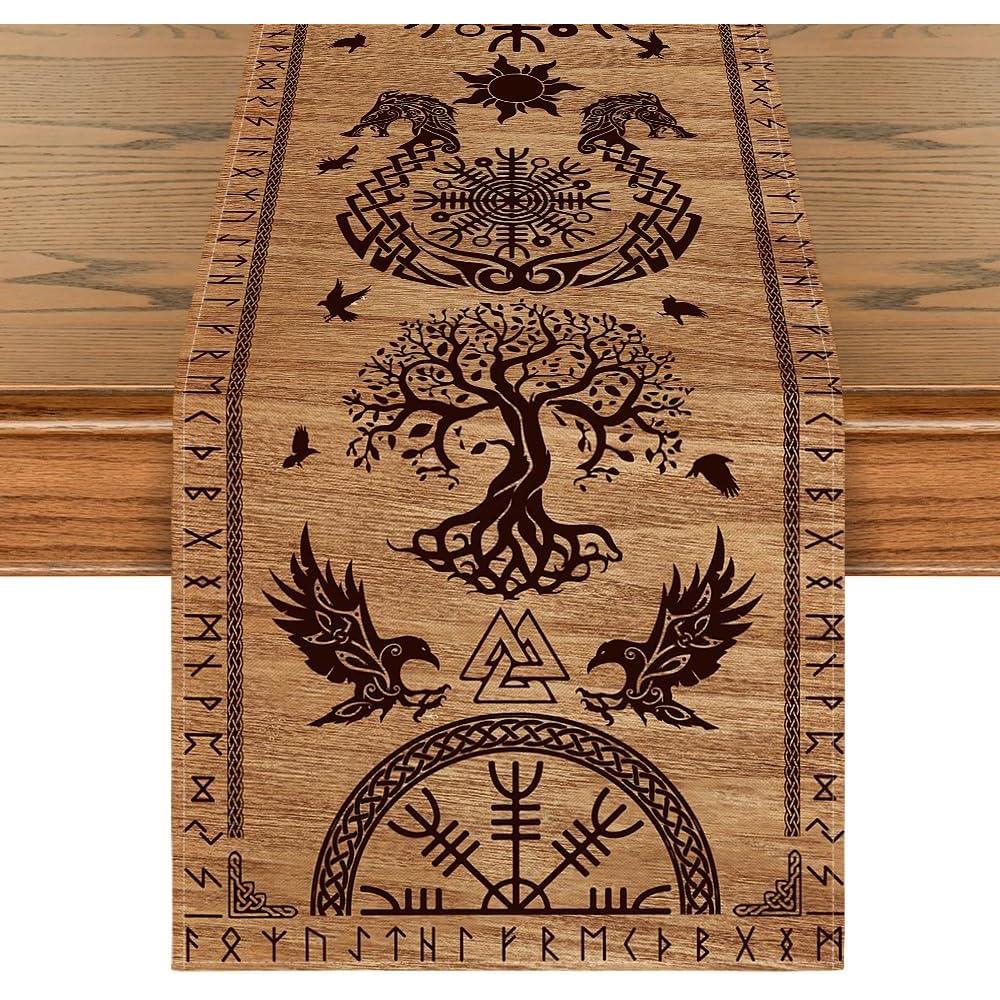 image:imageArtoid Mode Beige Viking Tree of Life Raven Helmet of Awe Table Runner Seasonal Kitchen Dining Table Decoration for Home Party Decor 13x72 InchBrown