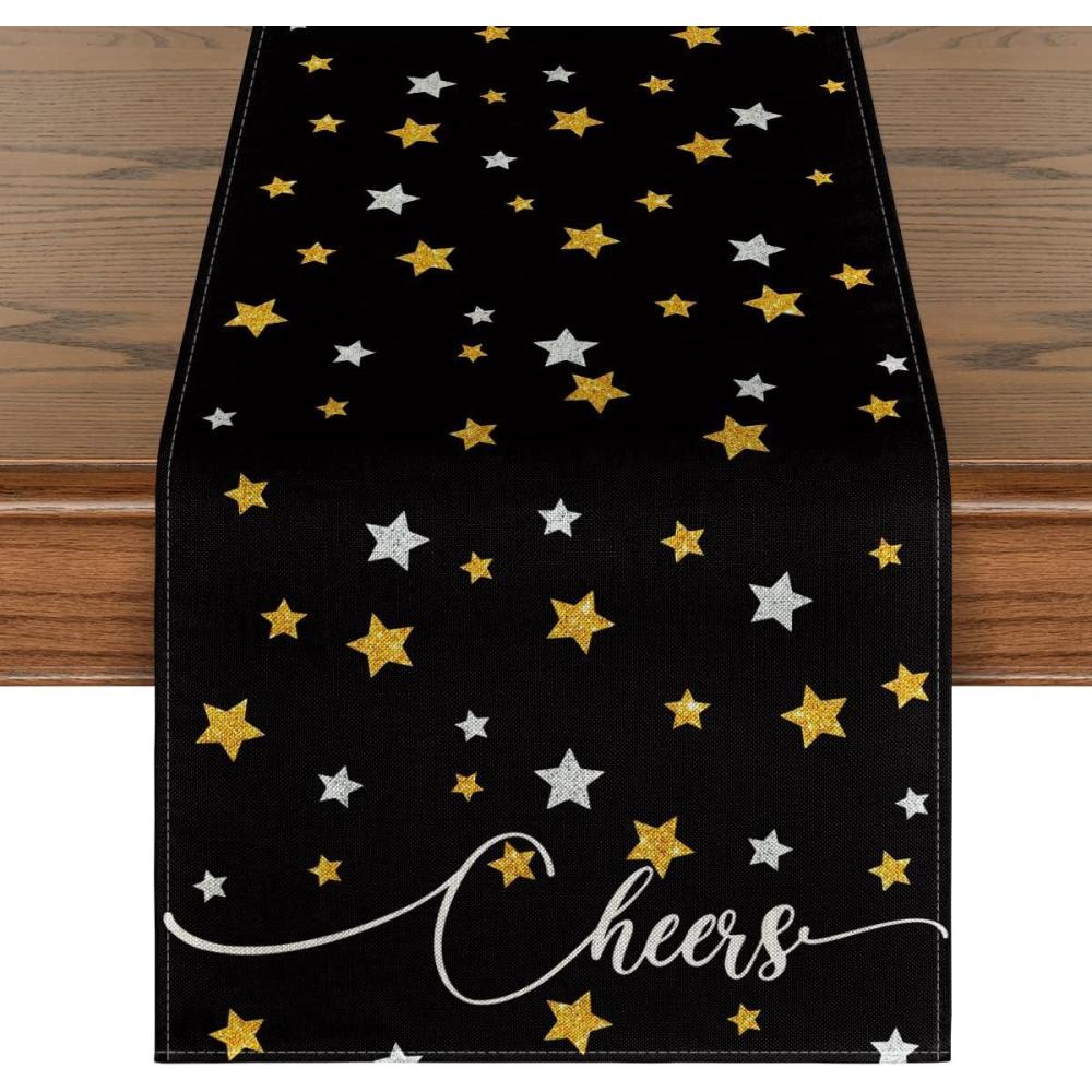 image:imageArtoid Mode Black Stars Cheers Happy Birthday Celebration 2026 New Year Table Runner Graduation Holiday Kitchen Dining Table Decoration for Home Party 13x72 InchTable Runner 13 x 72