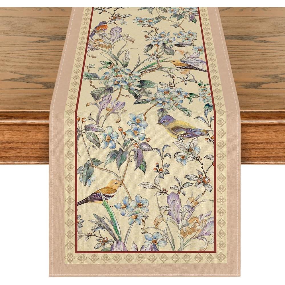 image:imageArtoid Mode Blue Birds Flowers Blossom Table Runner Seasonal Spring Floral Kitchen Dining Table Decoration for Home Party Decor 13x72 InchBeige
