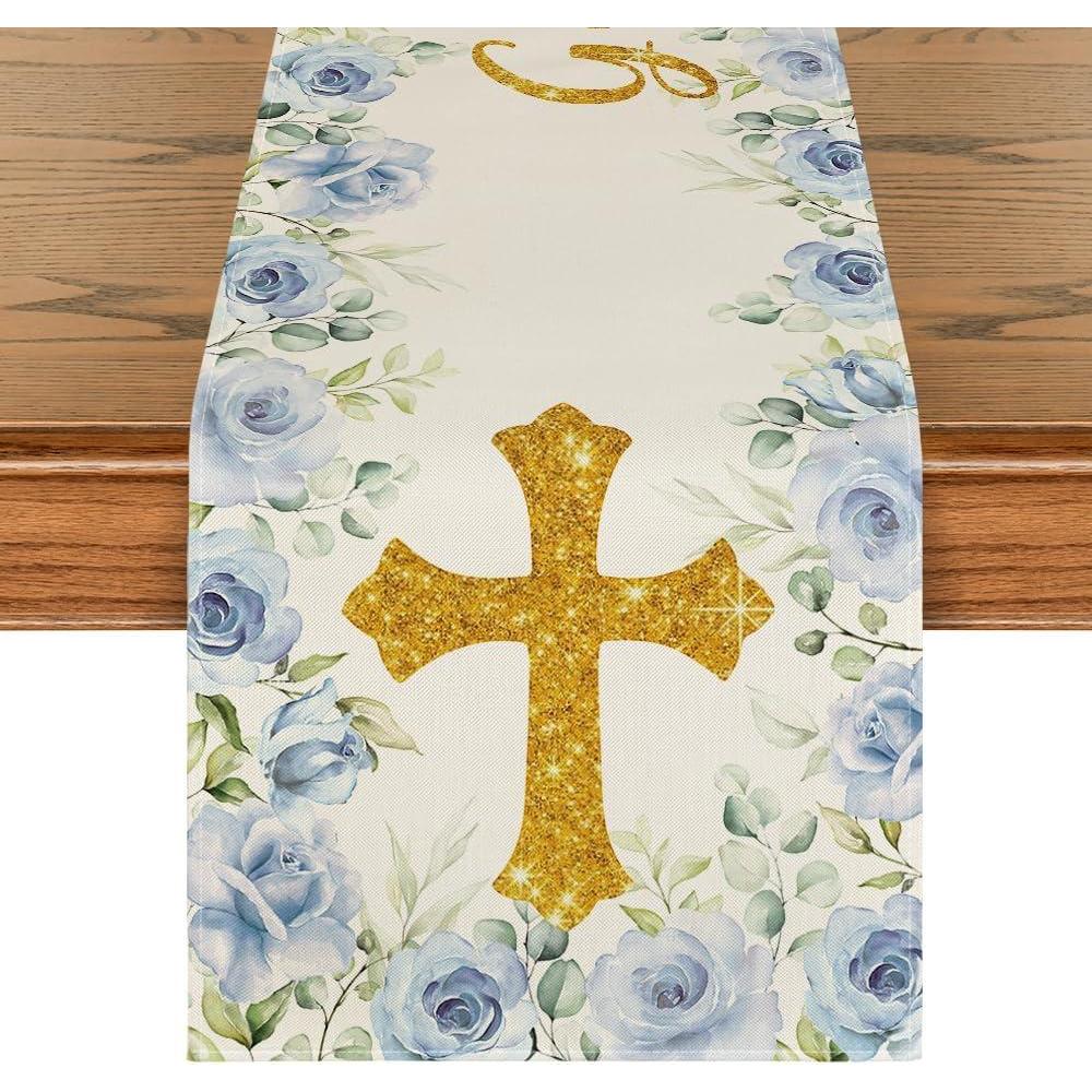 image:imageArtoid Mode Blue God Bless Boy Baptism Baby Shower Table Runner First Holy Communion Christening Holiday Kitchen Dining Table Decoration for Home Party Decor 13x72 InchBlue