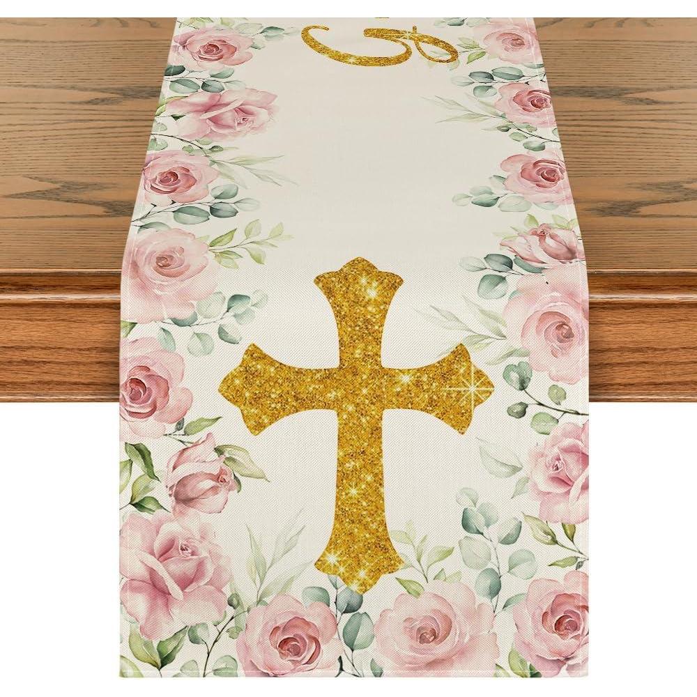 image:imageArtoid Mode Blue God Bless Boy Baptism Baby Shower Table Runner First Holy Communion Christening Holiday Kitchen Dining Table Decoration for Home Party Decor 13x72 InchPink